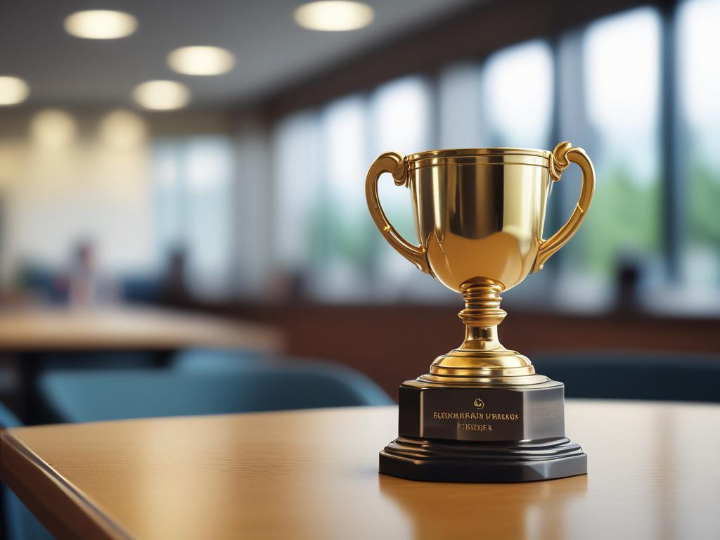 A close-up shot of a trophy symbolizing the Best Mental Health Service Provider award, with a blurred background of a serene office space, captured with a 45mm f/1.2 lens.