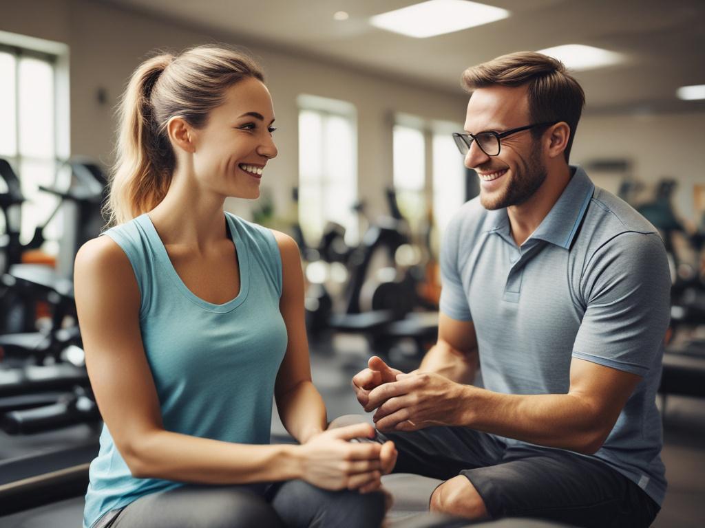 A focused wellness coach engaging with a client in a bright, motivating environment, showcasing the essence of health and personal growth.