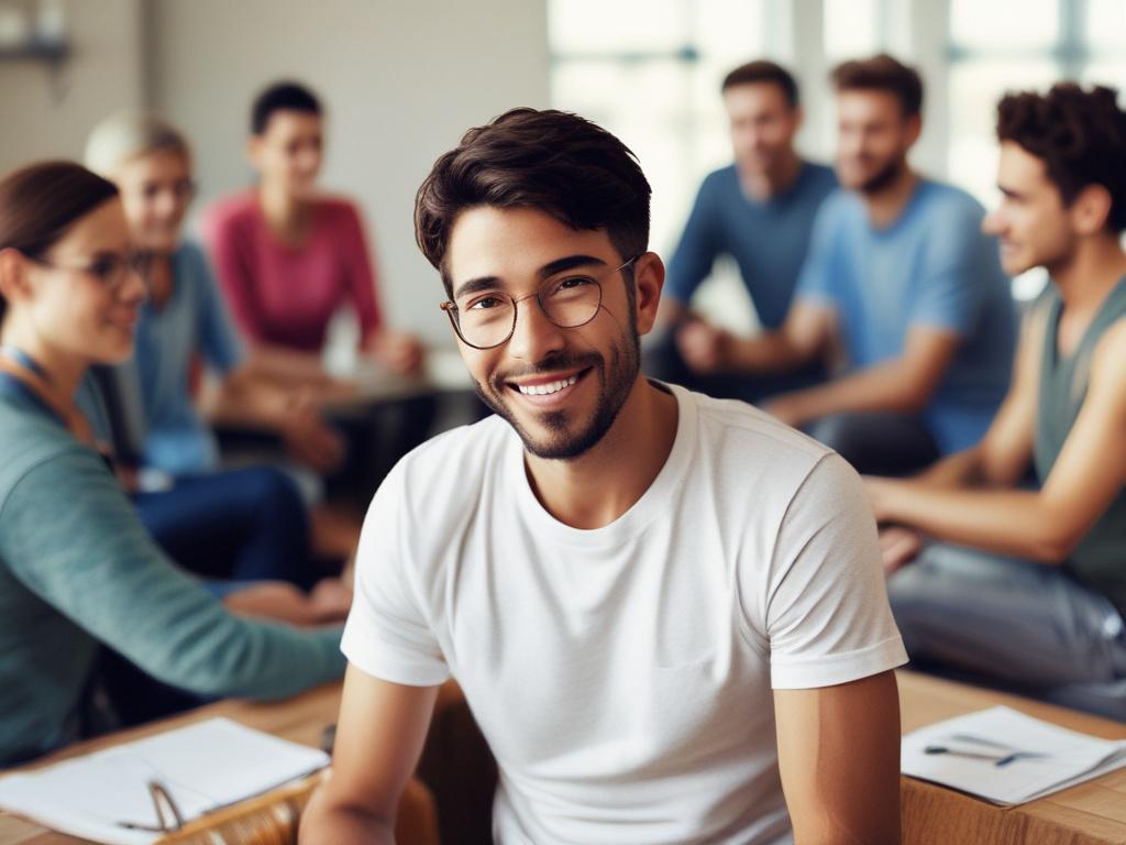 A dynamic group therapy session with diverse participants sharing and listening attentively, surrounded by a warm and inviting atmosphere.