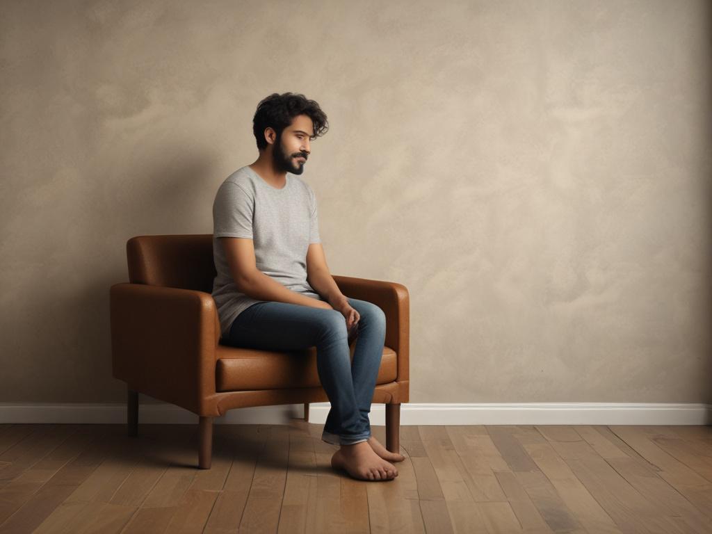 **AI Image Generation Prompt:**

Create a realistic high-resolution photo featuring a solitary individual seated comfortably in a warmly lit, inviting room that reflects an accessible and supportive atmosphere for therapy. The subject, a young adult of South Asian descent, should portray a thoughtful expression while casually leaning against a plush, rustic armchair. They hold a steaming cup of herbal tea in their hands, symbolizing comfort and introspection.

The background should consist of soft, natural 