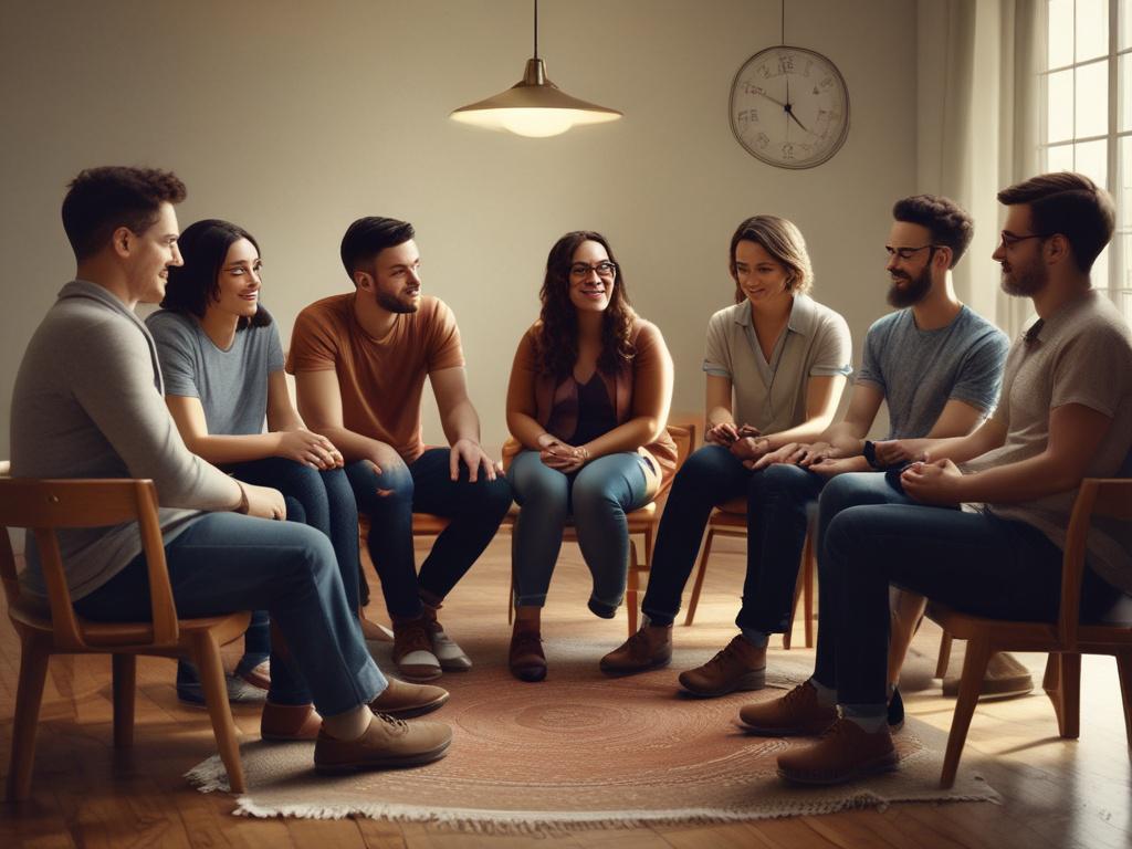 A close-up shot of a diverse group of individuals engaged in a group therapy session, sitting in a circle, with warm lighting and a cozy, inviting atmosphere. The focus is on their expressions of empathy and understanding, conveying a sense of support and connection. The background is softly blurred to emphasize the participants.