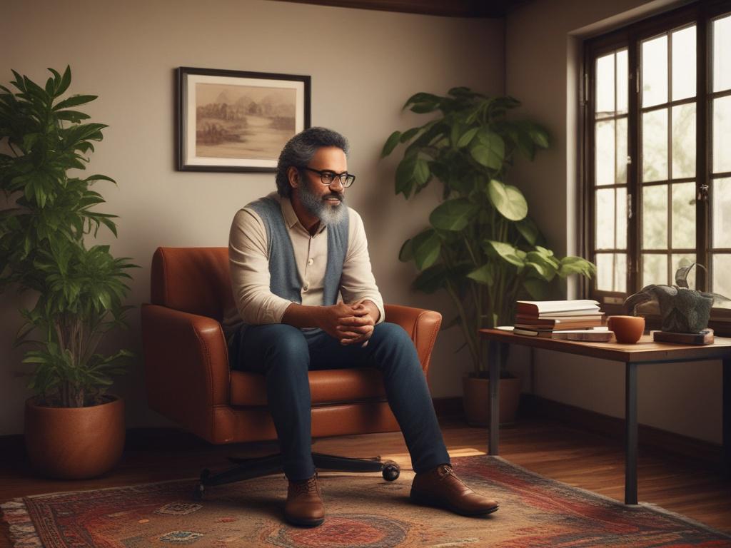 **AI Image Generation Prompt:**

Create a realistic high-resolution photo that focuses on a single subject—a middle-aged Indian psychologist, Vishal Ram, sitting comfortably in a cozy, warmly lit therapy office. He should be portrayed engaging in a sincere conversation with an unseen client, highlighting his approachable demeanor and active listening skills. The psychologist should have dark hair, wearing a smart-casual outfit, reflecting professionalism blended with warmth.

In the background, include eart