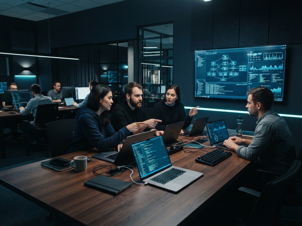 Synaptek engineering team collaborating in a modern office