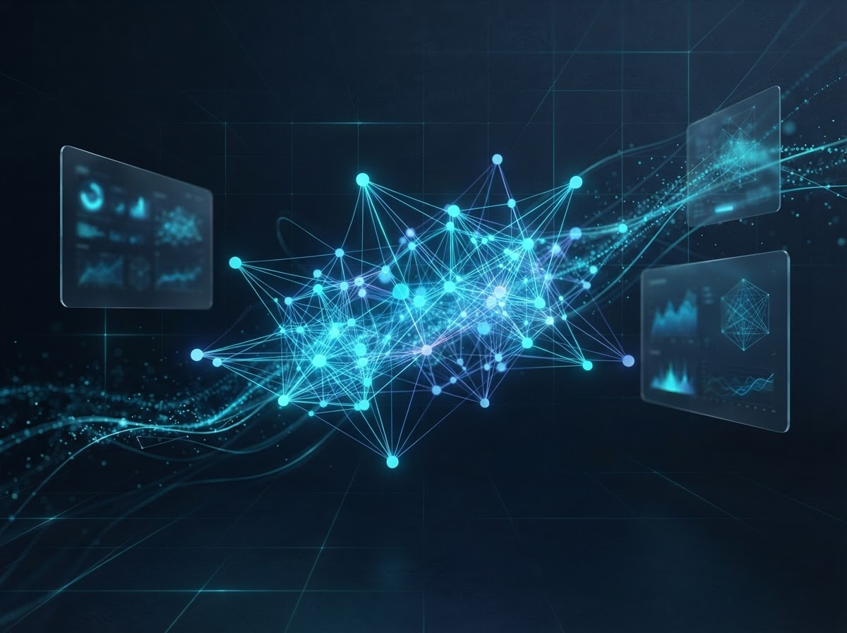 Abstract visualization of an AI neural network platform built by Synaptek