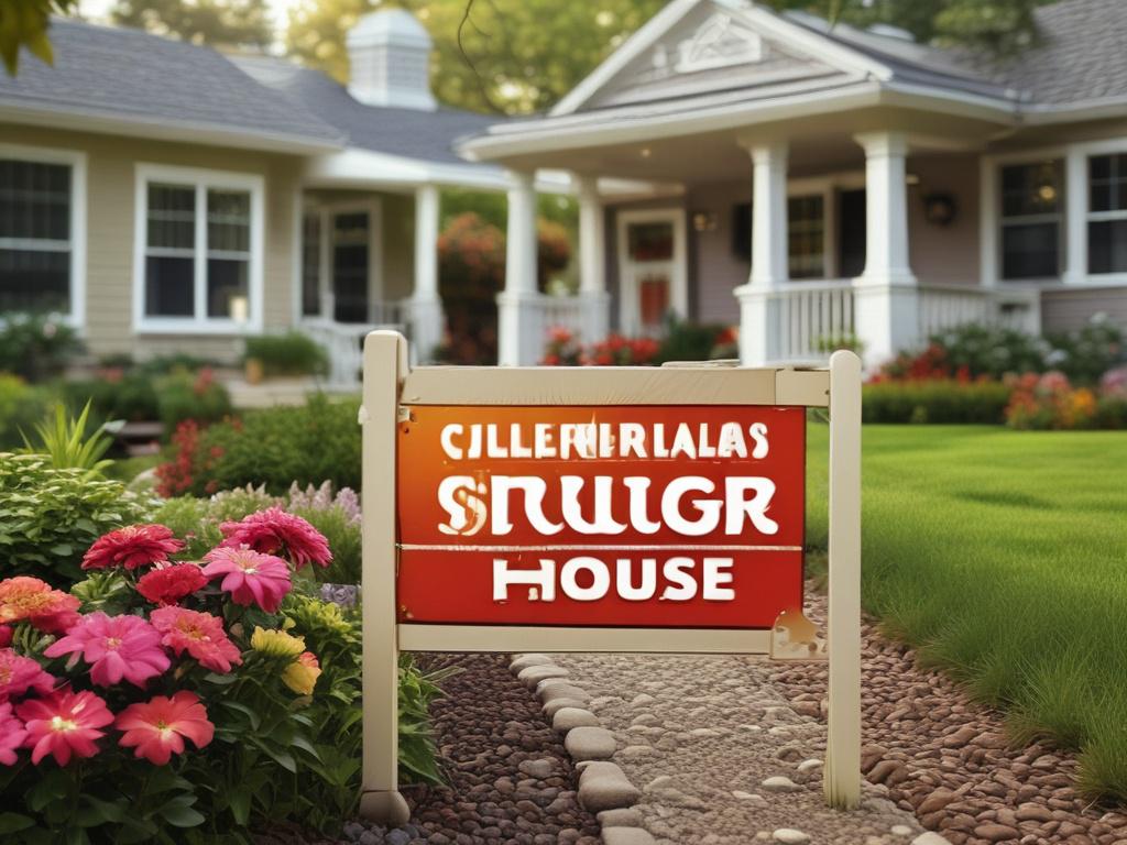A hyper-realistic close-up shot of an open house sign placed in a beautifully landscaped yard. The sign should be clearly visible, showcasing vibrant colors and a professional design. The background features a well-maintained property with lush greenery and flowers, captured with a 45mm f/1.2 lens to create a sharp focus on the sign, while softly blurring the surroundings.
