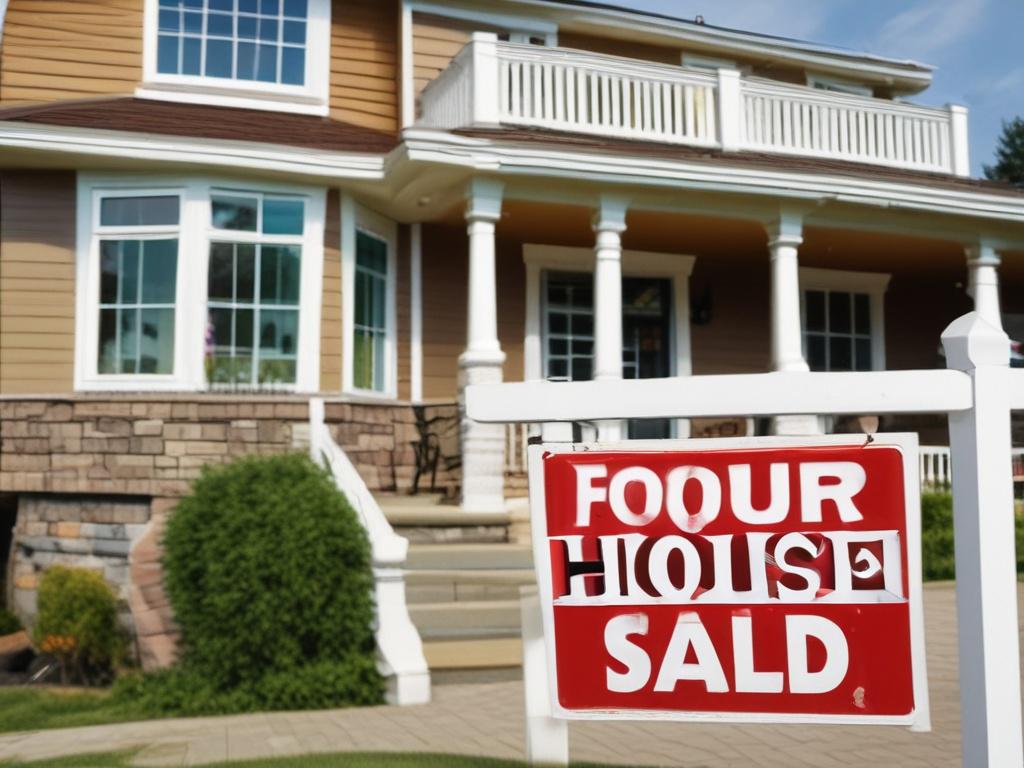 A hyper-realistic close-up shot of a beautifully designed open house sign featuring vibrant colors and professional branding. The sign should be displayed against an attractive property backdrop, with the focus on the sign's details, captured with a 45mm f/1.2 lens to highlight the craftsmanship and design elements.