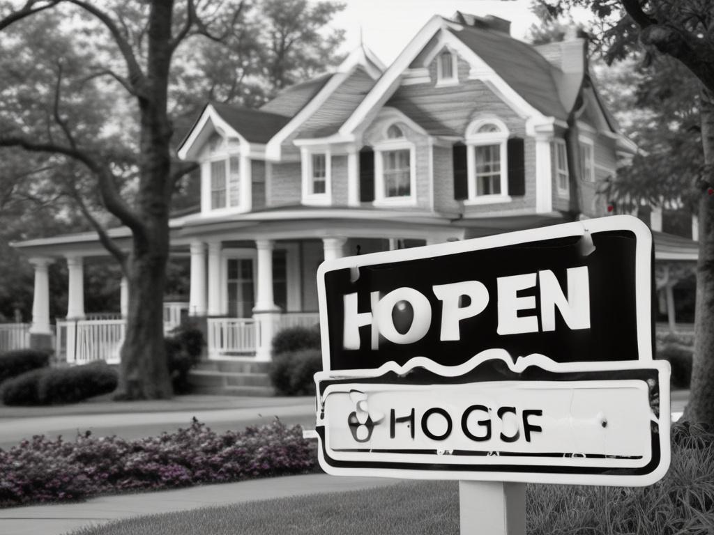 A close-up shot of a black and white open house sign, prominently displayed in a vibrant outdoor setting. The sign should be the sole subject, set against a blurred background of a picturesque neighborhood with lush greenery. The image should capture the intricate details of the sign, while maintaining a hyper-realistic style, as if shot with a 45mm f/1.2 lens. The lighting should be bright and inviting, emphasizing the professionalism and clarity of the sign.