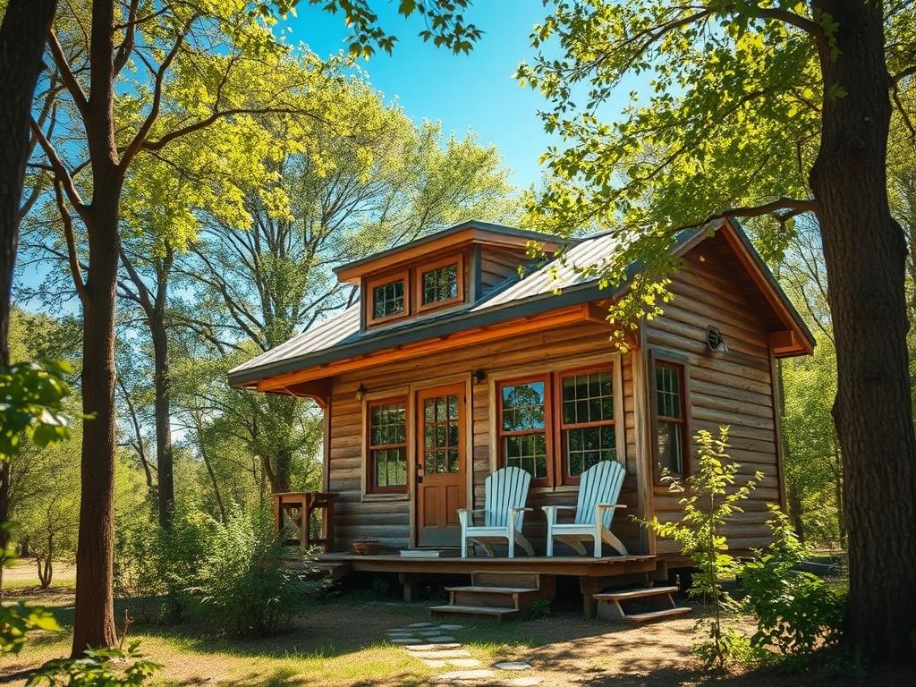 A rustic tiny house nestled among trees, featuring reclaimed wood