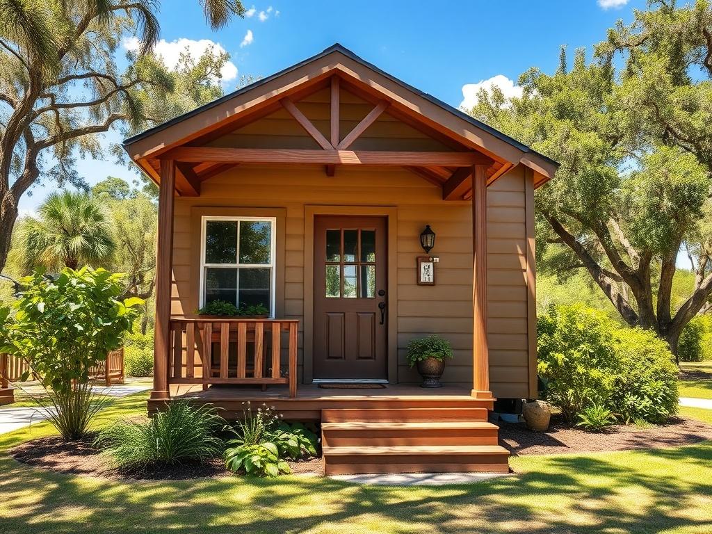 A welcoming tiny house exterior in Florida, featuring a charming