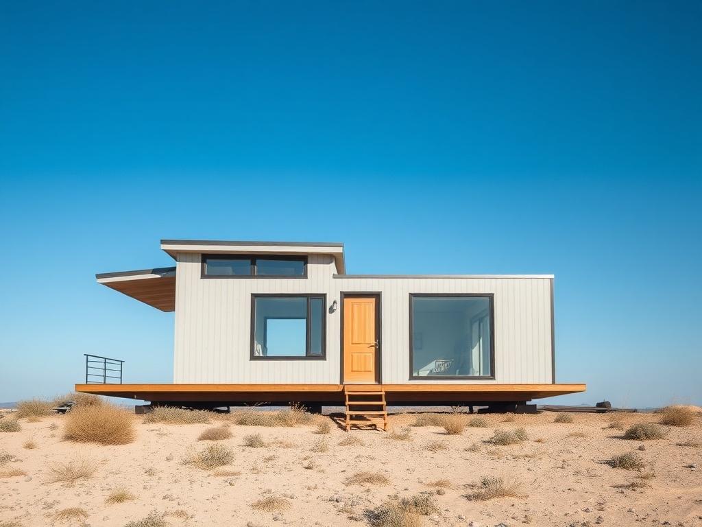 A high resolution image of a modern minimalist tiny house