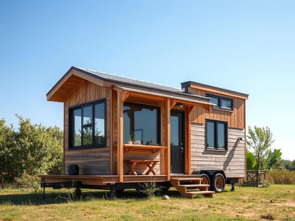 A realistic high-resolution image of an Eco-Friendly Tiny Home, showcasing its modern design with natural materials. The home is set in a serene outdoor environment, surrounded by greenery, under a clear blue sky. The structure should feature large windows and an inviting porch, emphasizing its connection to nature. The color palette should reflect earthy tones, harmonizing with the landscape, while the overall composition remains simple and clear, focusing solely on the tiny home.
