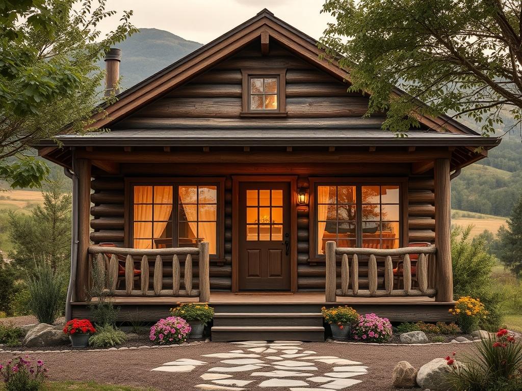 A realistic high-resolution image of a Cozy Cottage Retreat, showcasing its rustic wooden exterior and inviting porch. The cottage is surrounded by lush greenery and flowers, set against a backdrop of gentle hills. Natural light filters through the large windows, highlighting the warmth of the interior. The composition should focus solely on the cottage, emphasizing its charm and cozy atmosphere, with earthy tones that blend seamlessly with the natural environment.