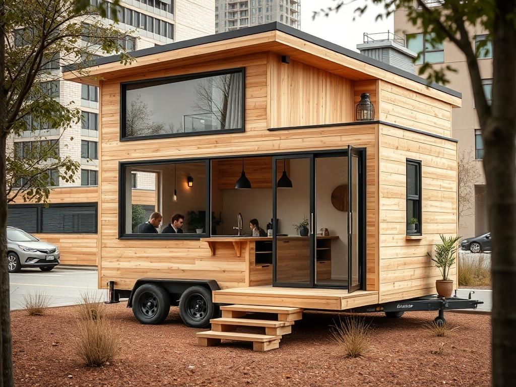A realistic high-resolution image of a Modern Minimalist Tiny House, featuring clean lines and an open layout. The house is set in an urban environment, showcasing its contemporary design with large windows and a minimalist exterior. The background includes subtle urban elements, while the focus remains on the house itself, highlighting its spacious and uncluttered aesthetic. Earthy tones and natural textures should dominate the image, creating a harmonious blend with its surroundings.