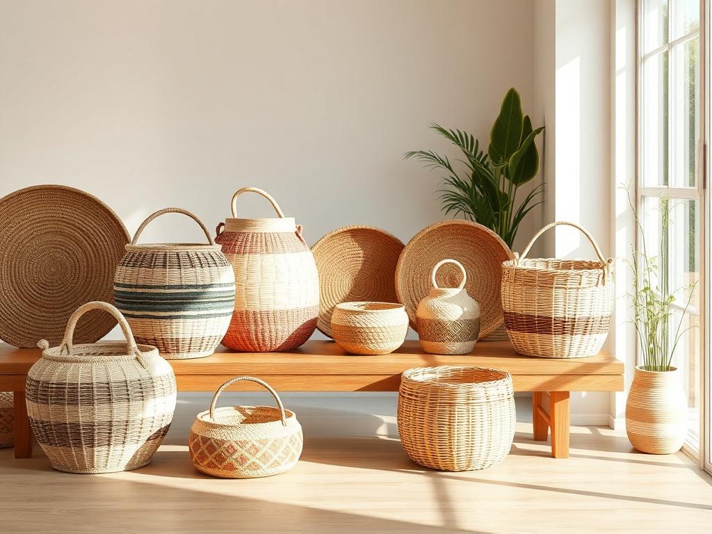 A realistic high resolution image of various handwoven baskets displayed