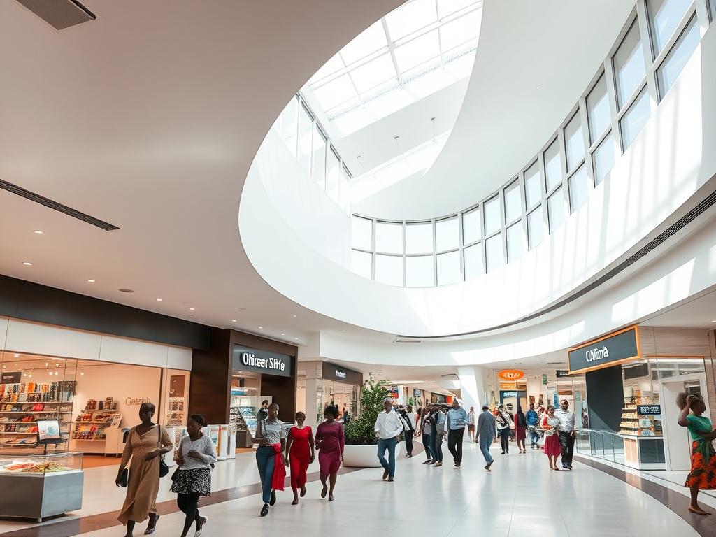 A modern shopping mall in Juba with clean lines and bright lighting. The interior showcases various shops and vibrant shoppers interacting. The architecture is sleek and contemporary, with large windows allowing natural light to flood the space. The atmosphere is lively, reflecting a community-focused environment.