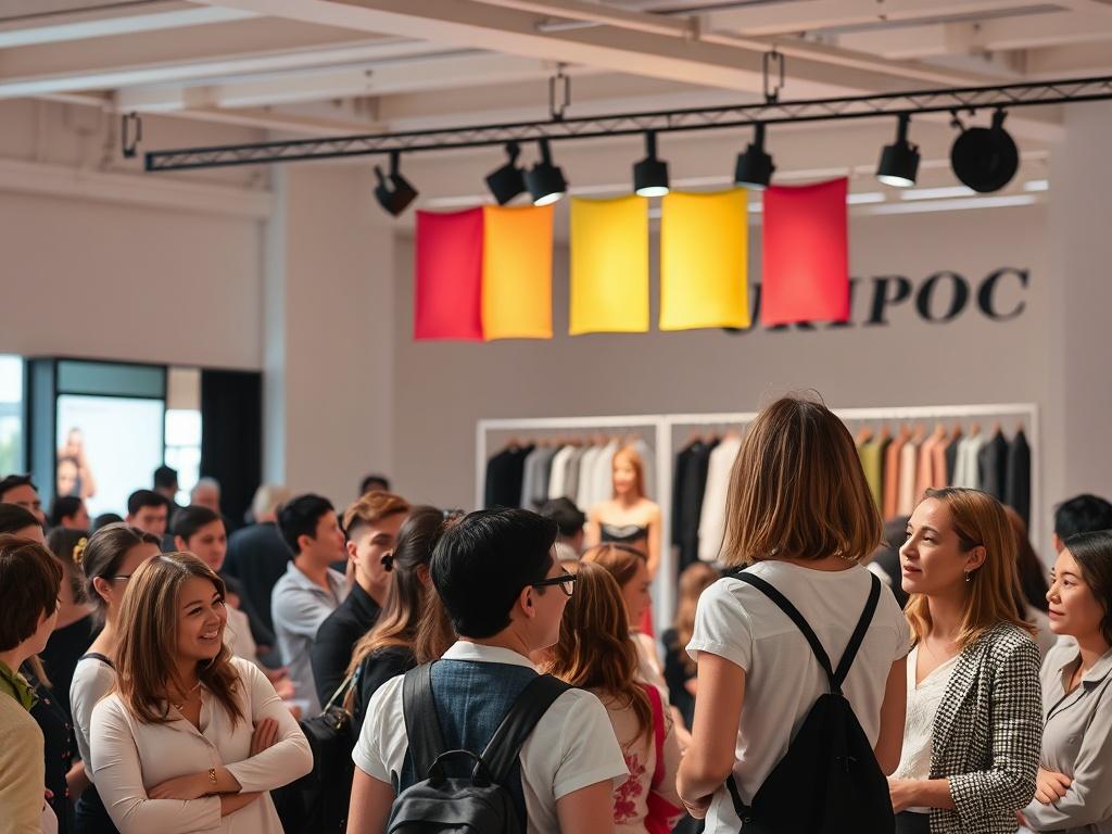 A lively event at Urban Proc featuring a fashion show. Shoppers are gathered, enjoying the display of local fashion. The backdrop shows colorful banners, and the atmosphere is festive, with excitement visible on the faces of the audience.