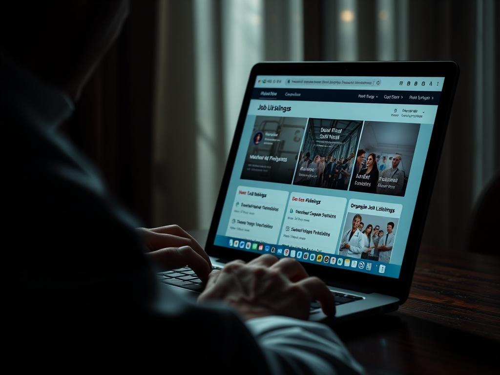 A high-resolution image illustrating a clinician using a laptop to browse through job listings, with a focus on the screen displaying organized job opportunities. The background features soft shadows and a professional setting, highlighting the user-friendly design of the page.