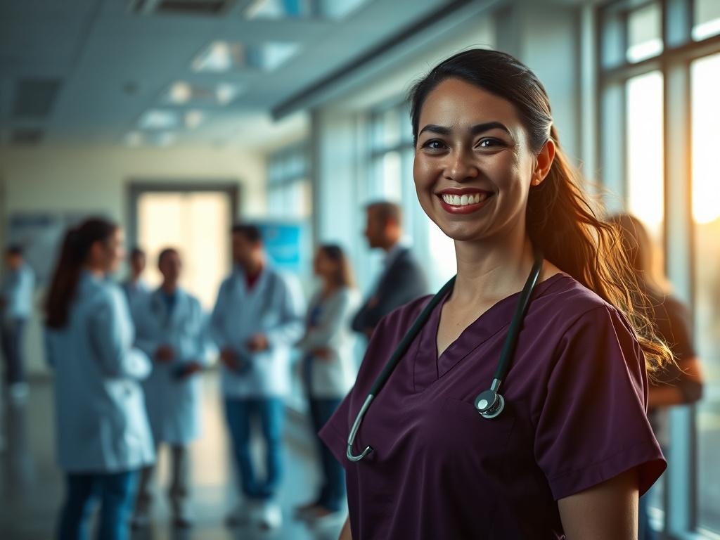 Create a realistic high-resolution photo that embodies the theme "Exploring Opportunities in Healthcare Placement." The composition should be simple and clear, featuring a single subject who is a confident, smiling healthcare professional, ideally in scrubs or business casual attire, representing the clinician demographic. The subject should be positioned in the foreground, exuding a sense of optimism and readiness for new opportunities.

The background should depict a modern, bright hospital or medical fac