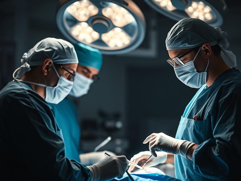 A high resolution image of a surgical team in scrubs,