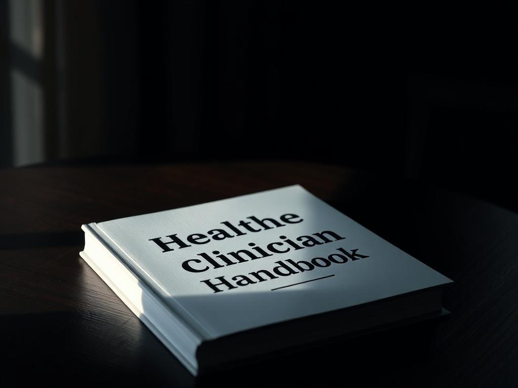 A realistic high-resolution photo of a closed handbook titled 'Healthcare Clinician Handbook', resting on a dark wooden table with dramatic lighting, shadow play across the cover showcasing the title. The background is blurred, emphasizing the handbook as the focal point, creating an intense atmosphere.