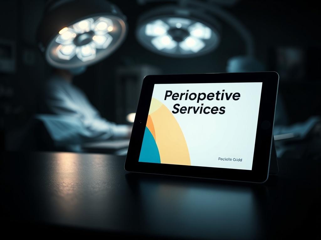 A realistic high-resolution photo of a digital tablet displaying the cover of the 'Perioperative Services Guide', placed on a sleek black surface with soft light illuminating the screen. The background features blurred surgical instruments, creating an immersive, focused atmosphere.