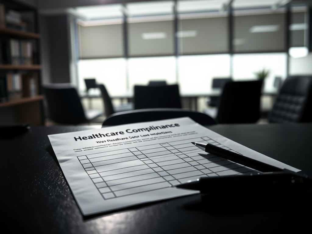 A realistic high-resolution photo of a printed 'Healthcare Compliance Checklist' on a dark desk, with a pen beside it. The checklist is partially filled, and the background shows a blurred office setting, radiating a professional and serious ambiance.