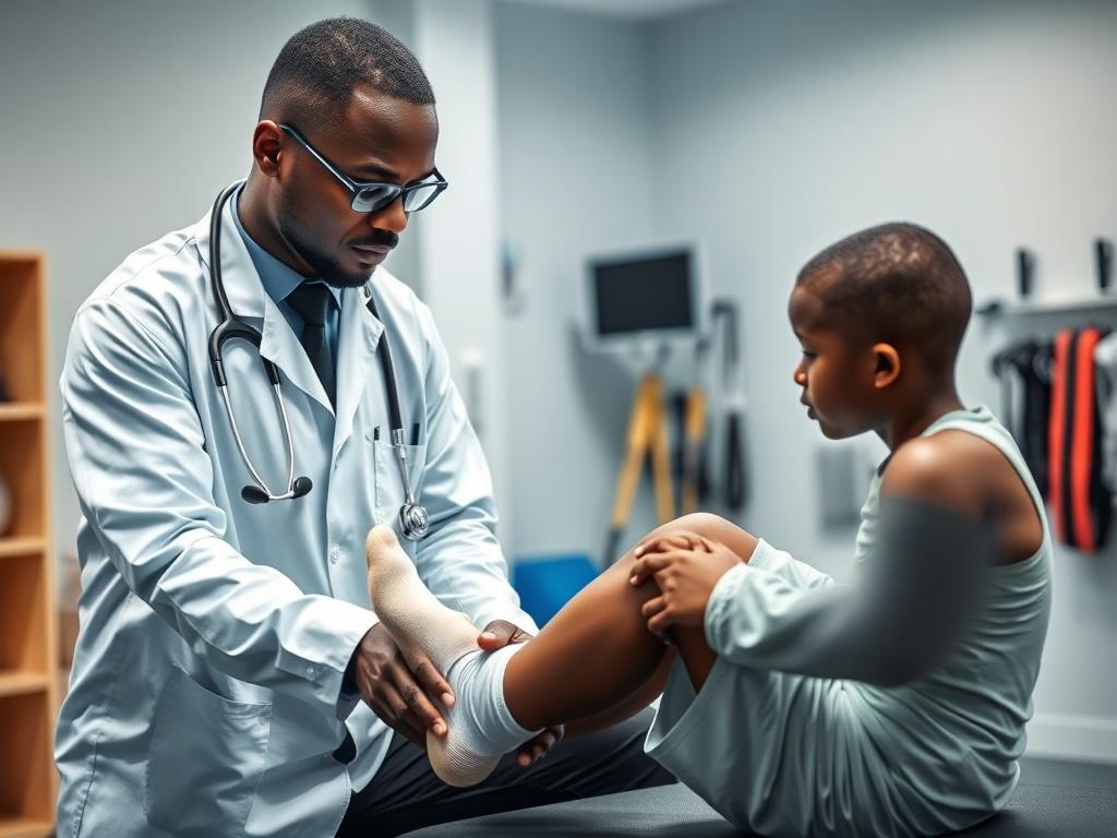 A professional Black sports physiotherapist assessing a young African athlete's