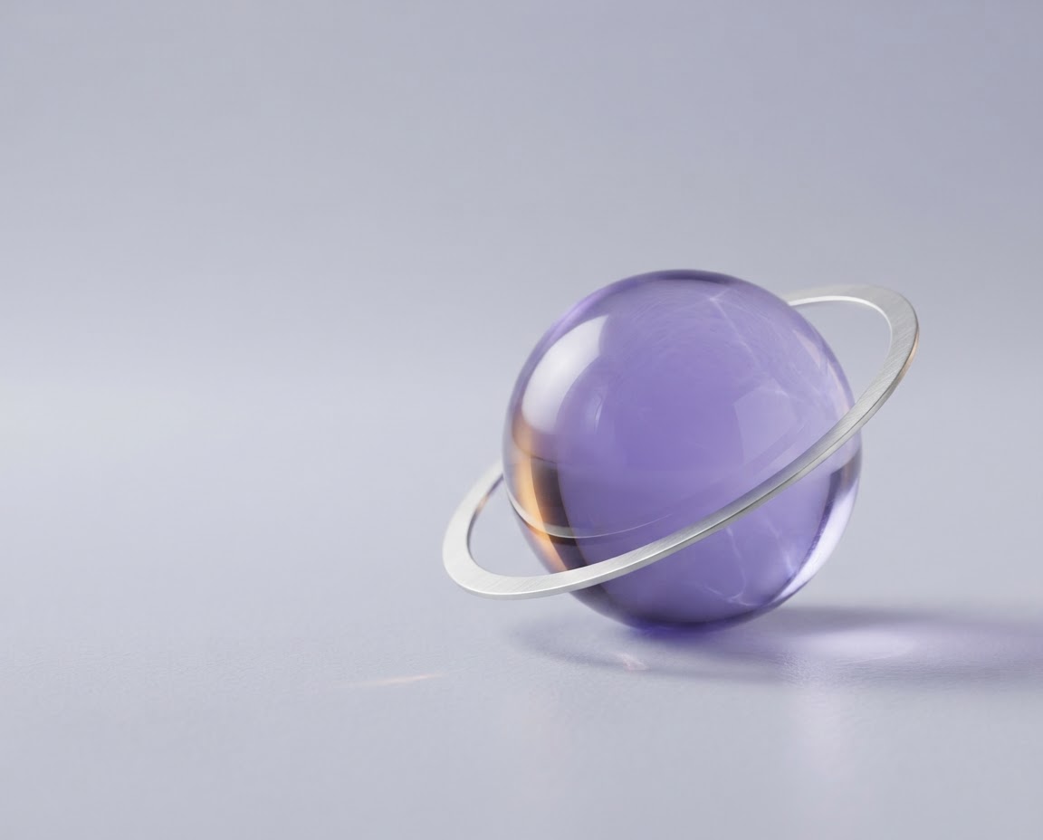 Sculptural violet glass sphere with a silver orbit against a soft lavender background