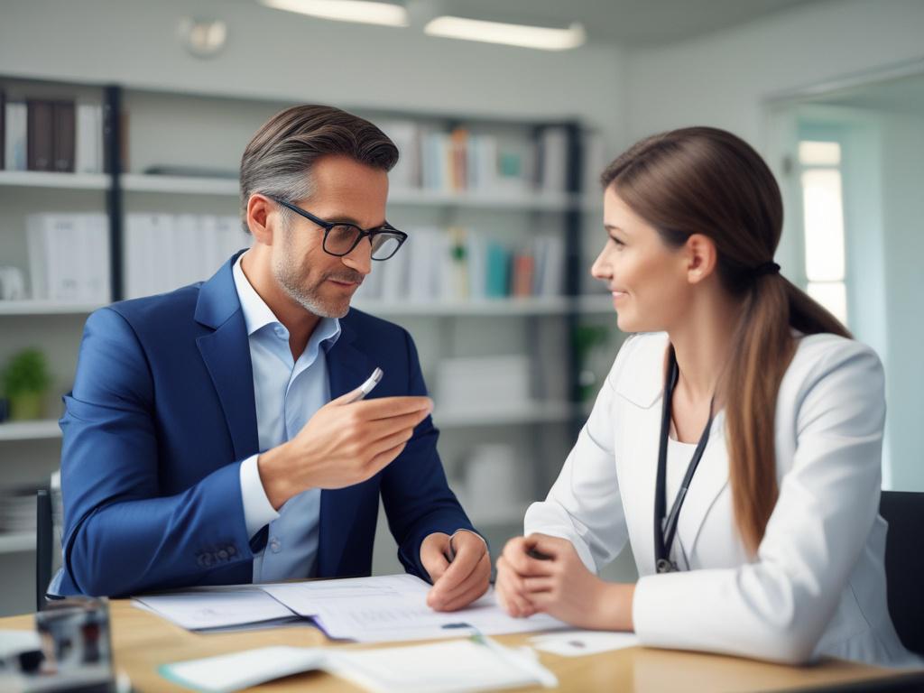 A hyper-realistic close-up shot of a health consultant discussing a personalized health optimization program with a client. The setting is a modern, bright office with health-related charts in the background. The focus is on the consultant's engaging expression, highlighting the importance of personalized health strategies. The image should be shot with a 45mm f/1.2 lens style.