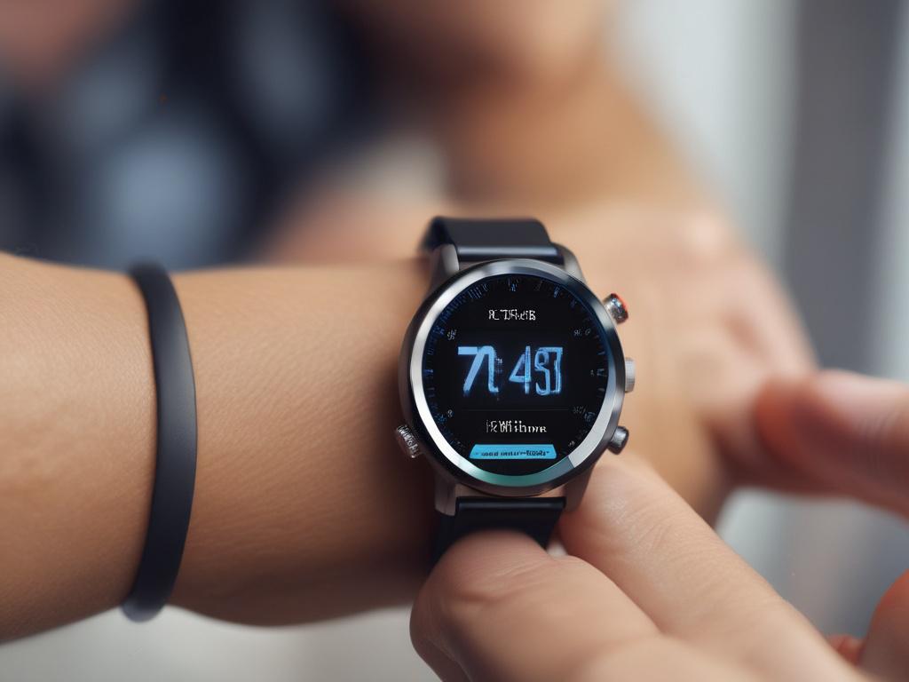 A hyper-realistic close-up shot of a stylish wearable health monitor on a person's wrist, showcasing its sleek design. The background is softly blurred to emphasize the device, with hints of a vibrant outdoor environment. The image should be shot with a 45mm f/1.2 lens style.