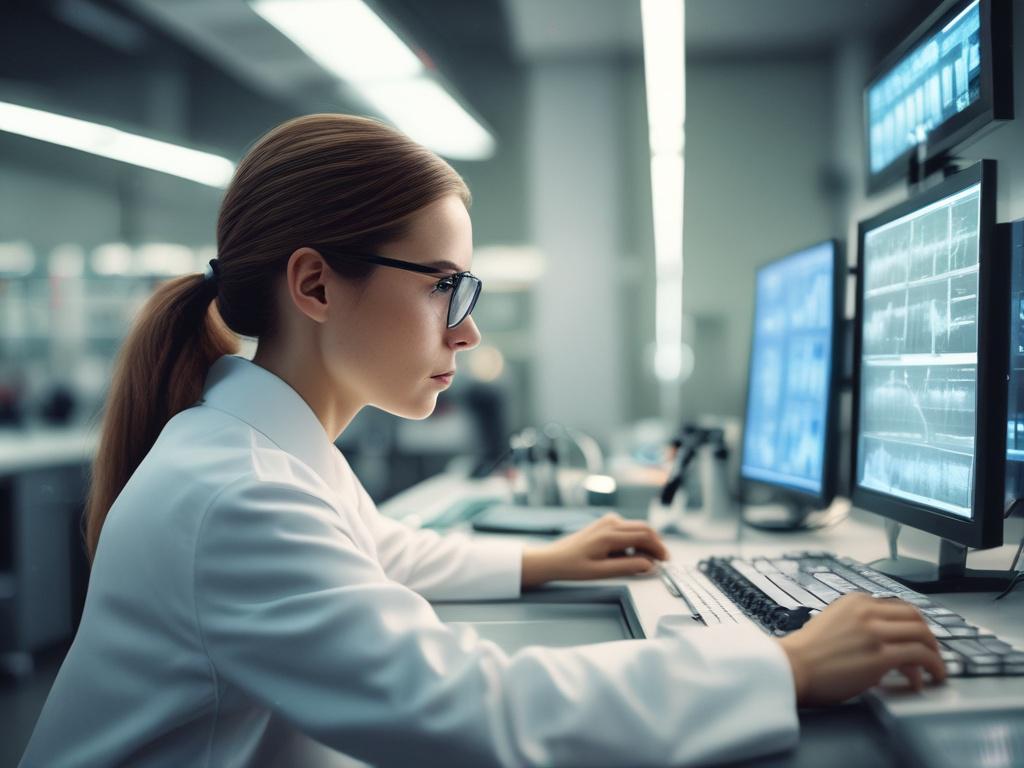 A hyper-realistic close-up shot of a laboratory technician analyzing epigenetic test results on a digital screen. The setting is a modern laboratory filled with advanced equipment. The focus is on the technician's attentive expression, demonstrating the meticulous nature of epigenetic analysis. The image should be shot with a 45mm f/1.2 lens style.