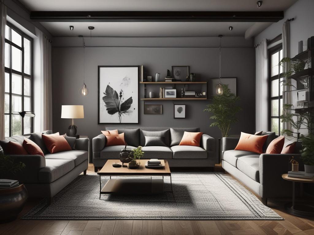 high-resolution interior design, cozy living space, stylish furnishings, natural lighting, bold contrasts, harmonious colors