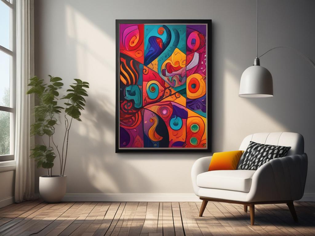 A stunning realistic high-resolution photo of a vibrant 2D art piece, depicting joyful themes and colors, with bold lighting, deep shadows, featuring a single artwork set against a soft-focus background.