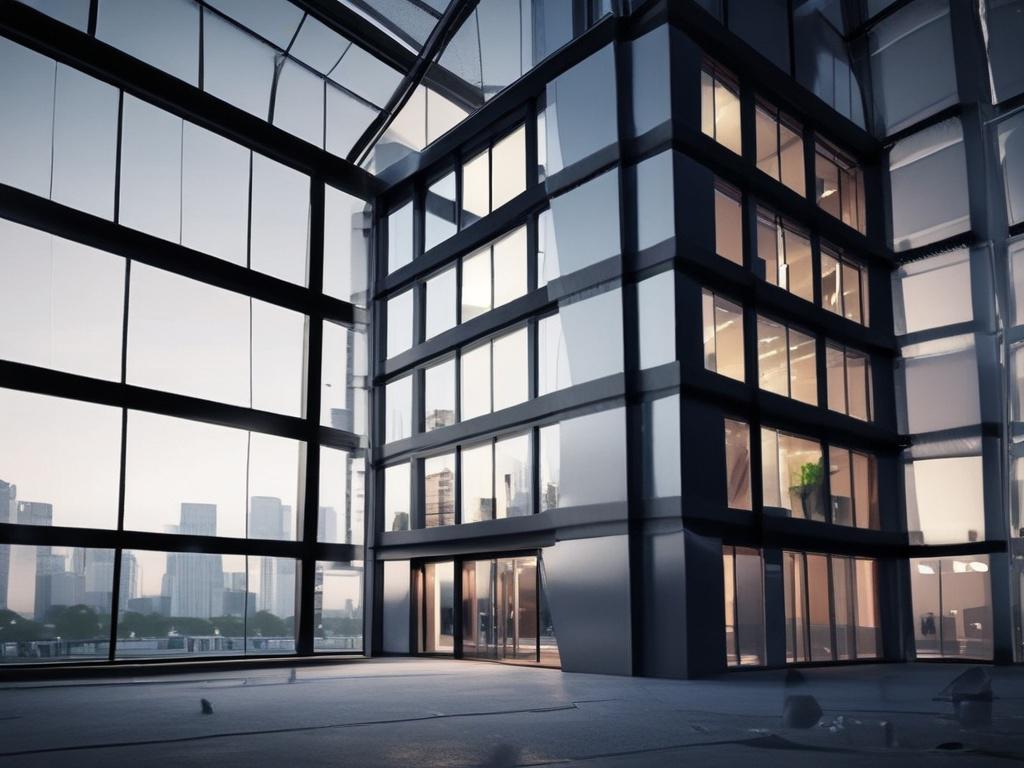 high-resolution image of a 3D animated model, featuring a sleek futuristic building design, illuminated with dramatic lighting, set in a dynamic environment with unique textures and shadows.
