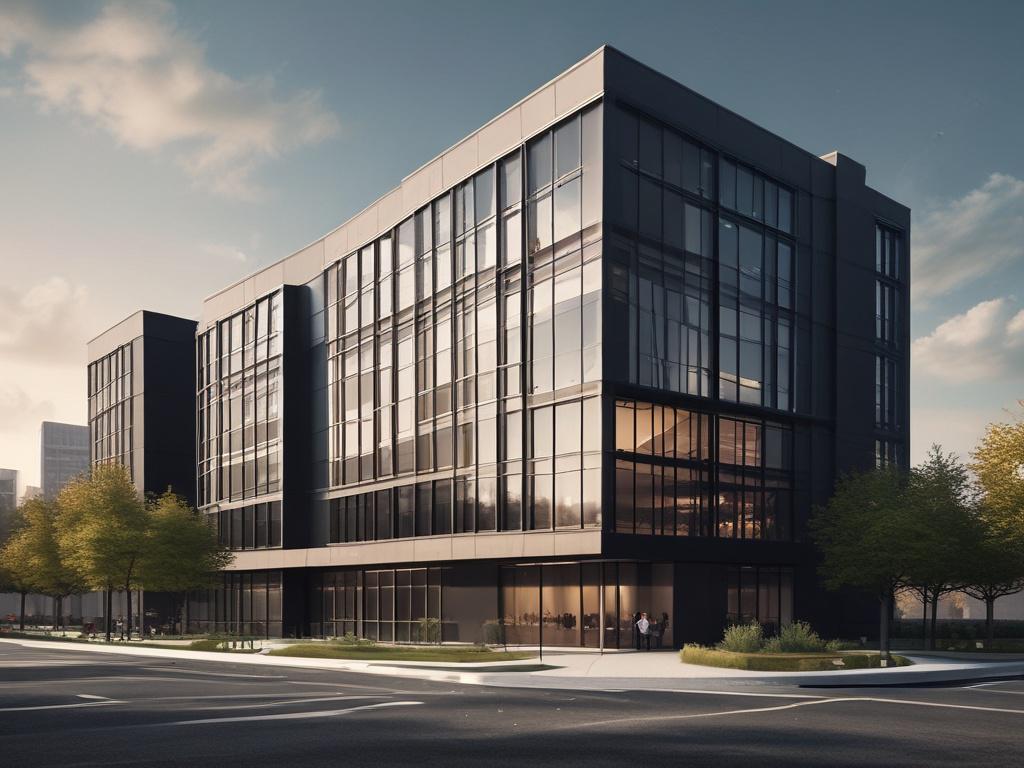 high-resolution image of an architectural design model, showcasing a modern building with clean lines and innovative features, set against a vibrant urban landscape, high-contrast lighting, deep shadows.