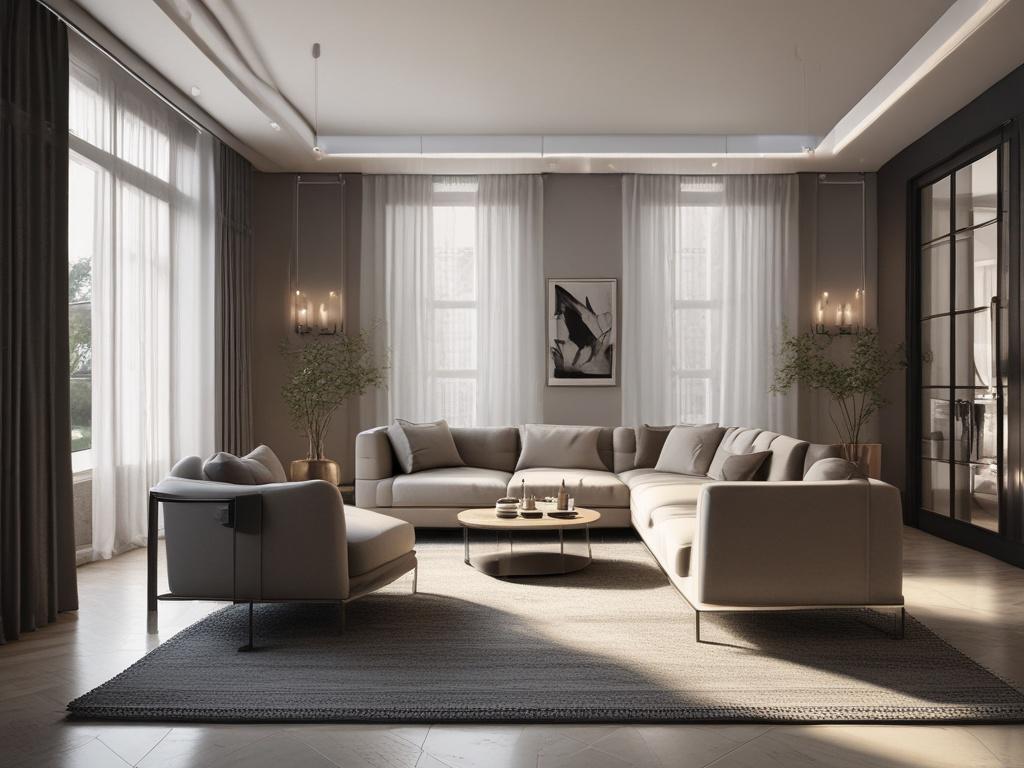 high-resolution image of an elegantly designed interior space, showcasing modern furniture and decor, bathed in soft natural light, with contrasting shadows and textures that highlight the design elements.