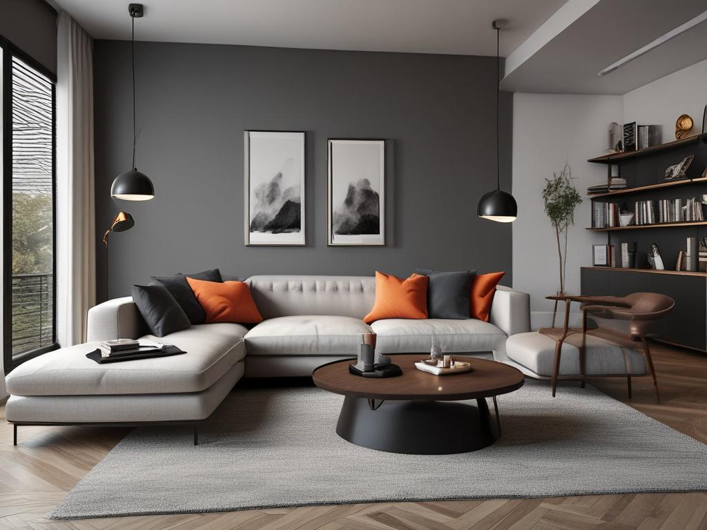 A beautifully designed modern apartment interior featuring sleek furniture, warm lighting, and artistic decor. The composition showcases a cozy living area with a contemporary sofa, stylish coffee table, and vibrant wall art. The background includes large windows allowing natural light to flood the space, highlighting the harmonious color scheme and elegant details.