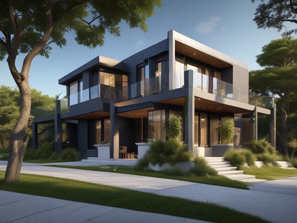 A realistic high-resolution photo of a three-bedroom duplex showcasing ergonomic furniture and a detailed 3D exterior facade, set in a comfortable outdoor environment with lush greenery and a clear blue sky.