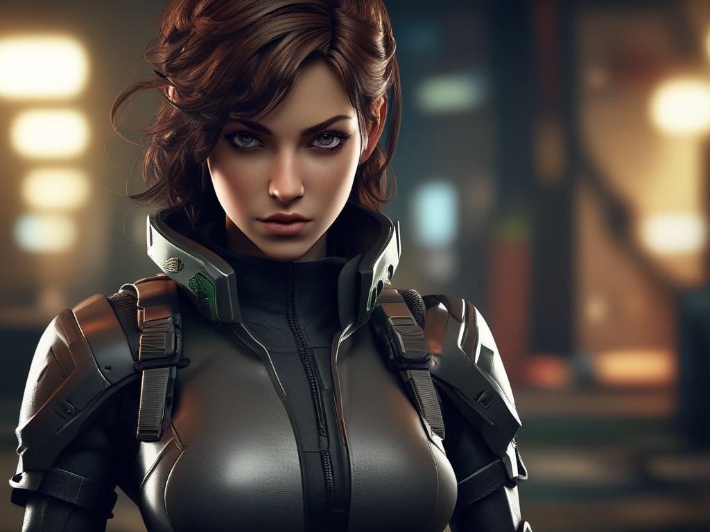 Realistic high-resolution 3D model of a gaming character, set against a dynamic video game environment with bold lighting and deep shadows.