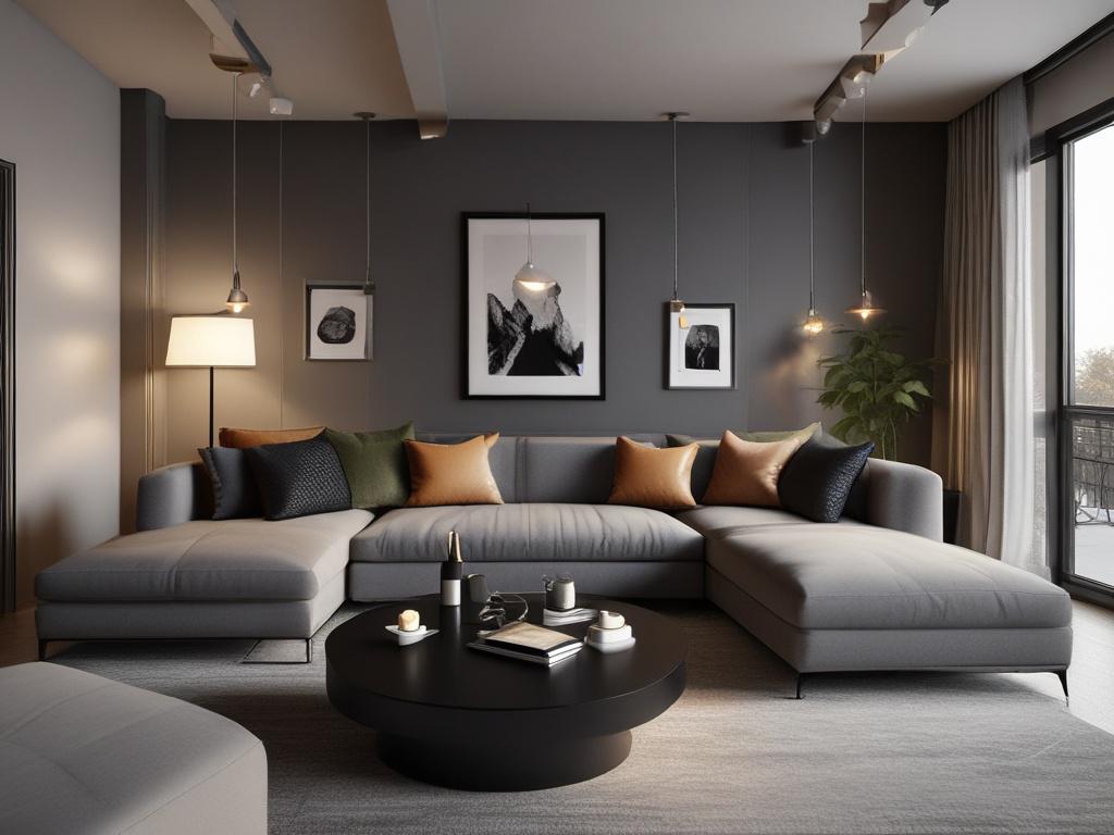 A beautifully designed interior space featuring functional furniture, with an elegant color palette and striking contrasts. The scene showcases a cozy living area with a modern sofa, stylish decor, and artistic lighting, all rendered in high-resolution with deep shadows and bold lighting.