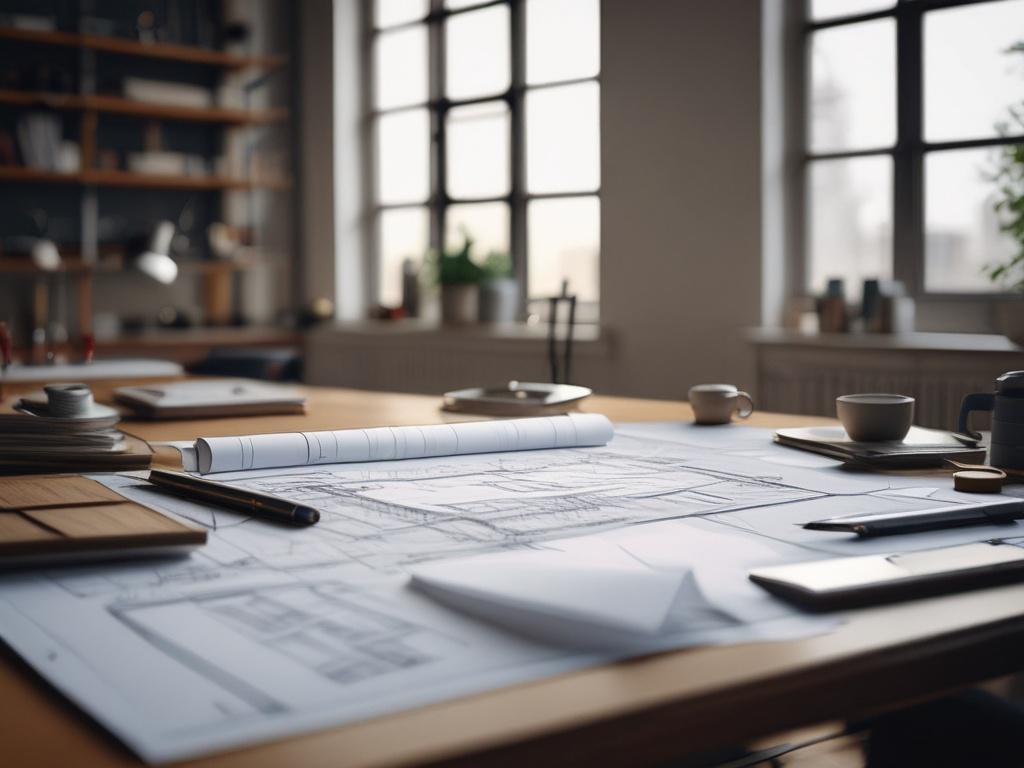 A hyper realistic close up shot of an architect's workspace,