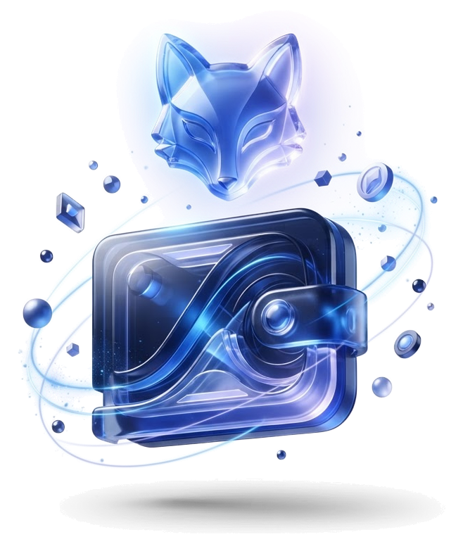 Luminous blue Rabby-inspired fox emblem above a glowing portal