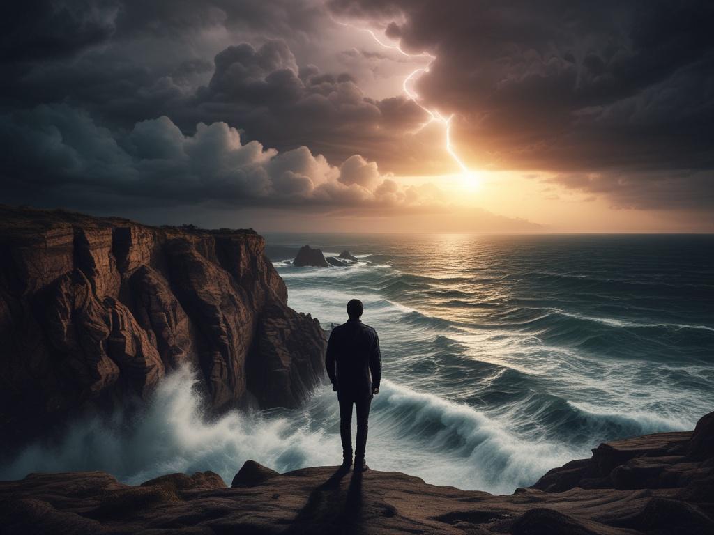 A solitary figure standing on a rocky cliff at dusk,