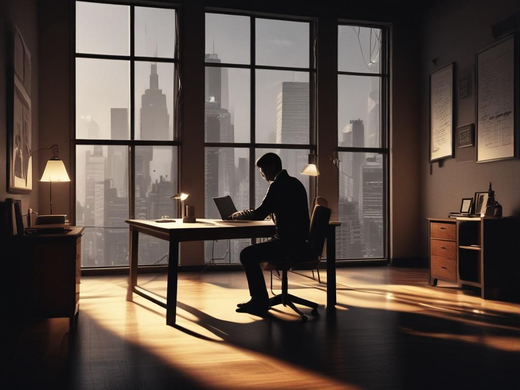 A solitary figure seated at a desk, illuminated by a
