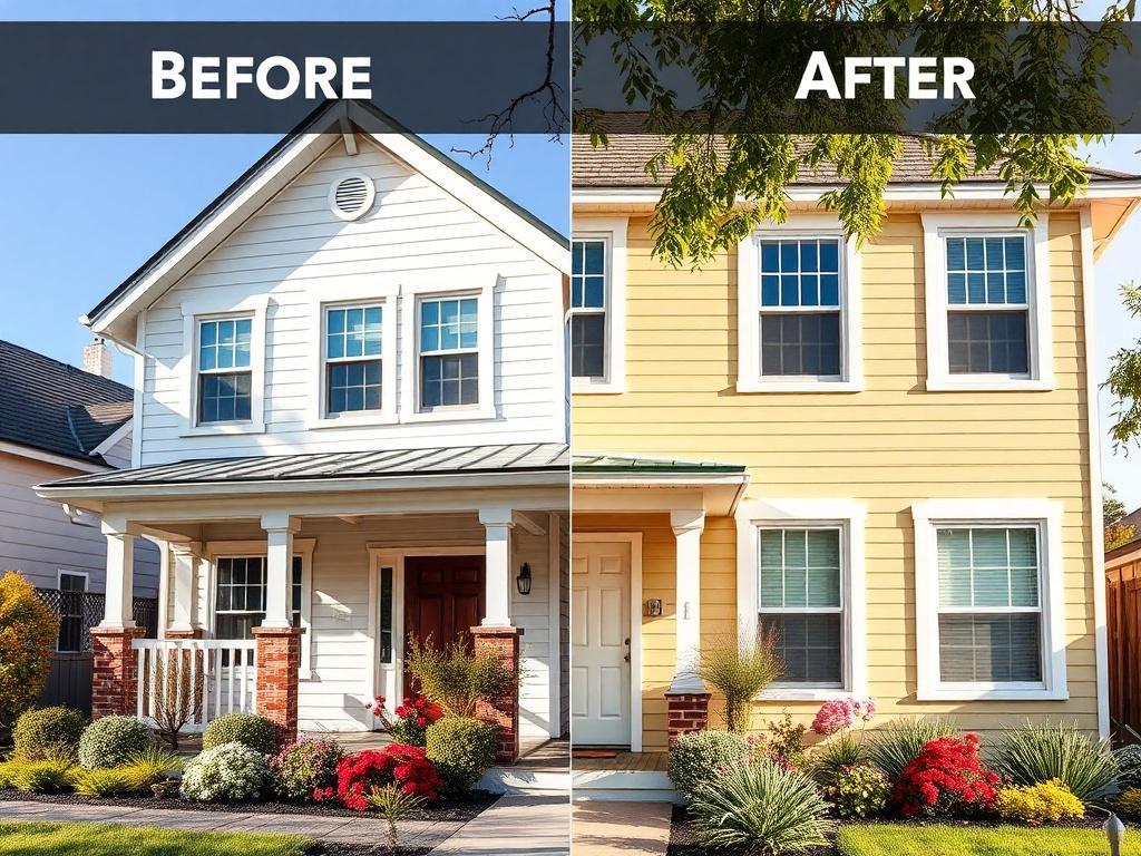 A striking before-and-after comparison of a renovated home, showcasing modern updates and repairs, with vibrant landscaping, captured in bright sunlight.