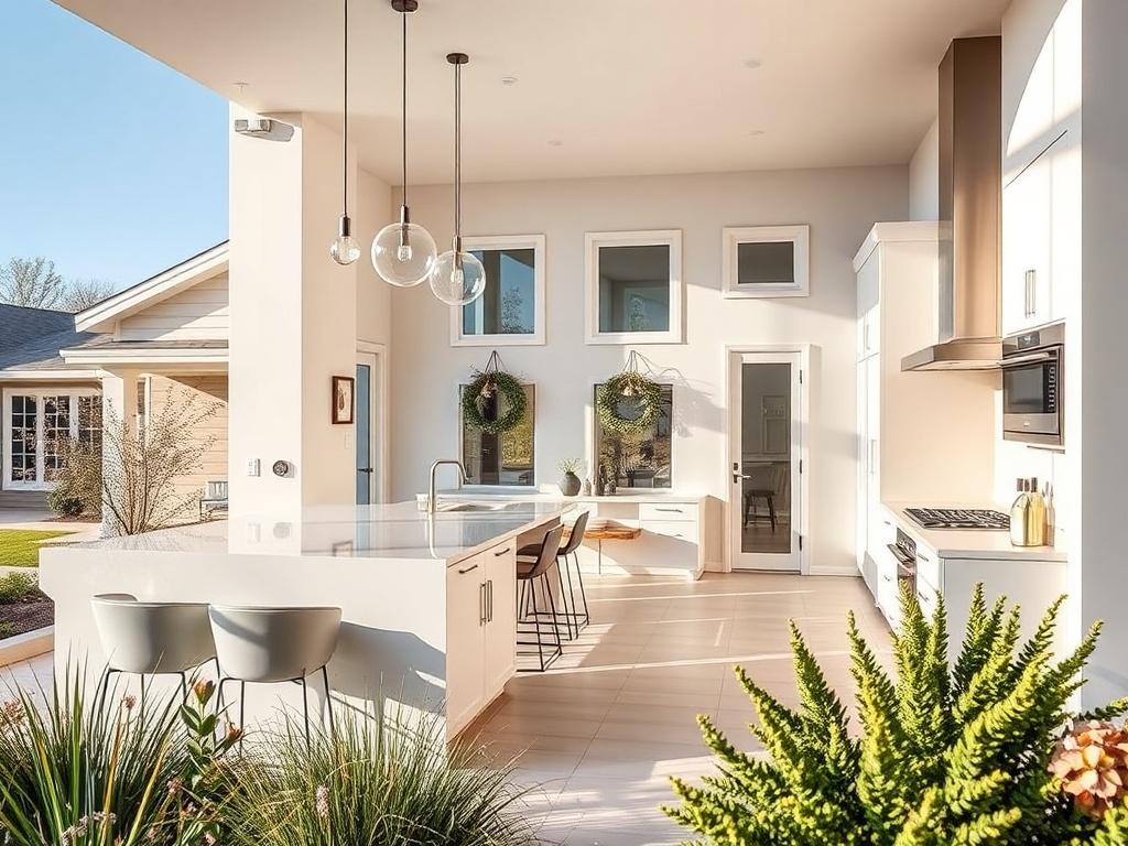 A beautifully renovated family home featuring a modern kitchen with high-end appliances, stylish bathrooms, and attractive landscaping, shot in vibrant daylight with a shallow depth of field.