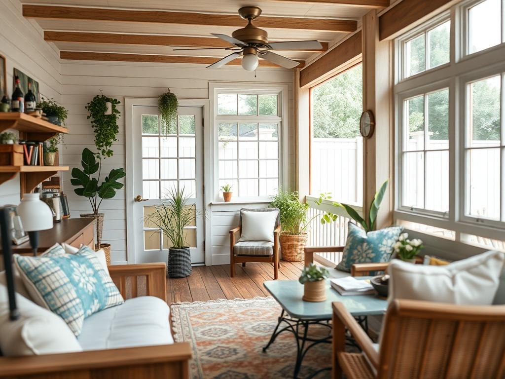 A cozy, renovated rental property showcasing a blend of vintage charm and modern amenities, with inviting outdoor space, shot in natural light.