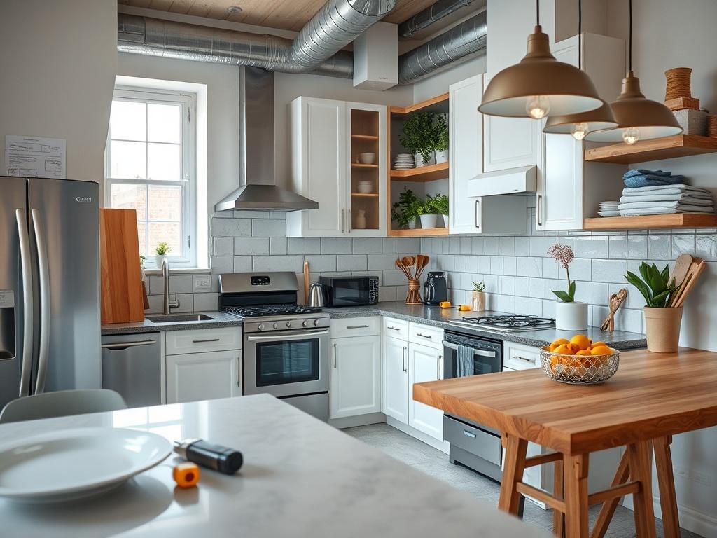 A close-up shot of a renovation project, showcasing a beautifully remodeled kitchen with modern appliances and fresh decor. The background shows construction tools and plans, highlighting the transformation process.