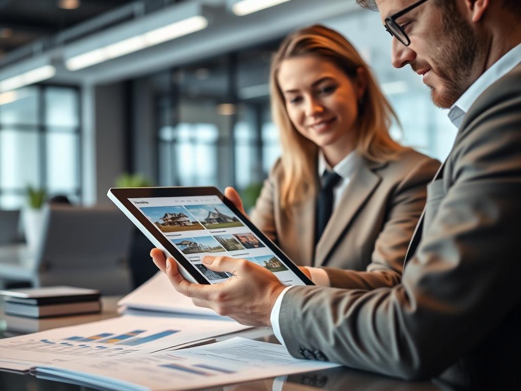 A close-up shot of a confident real estate agent reviewing property listings on a digital tablet, surrounded by documents and charts. The background shows a modern office environment with a focus on professionalism and success.
