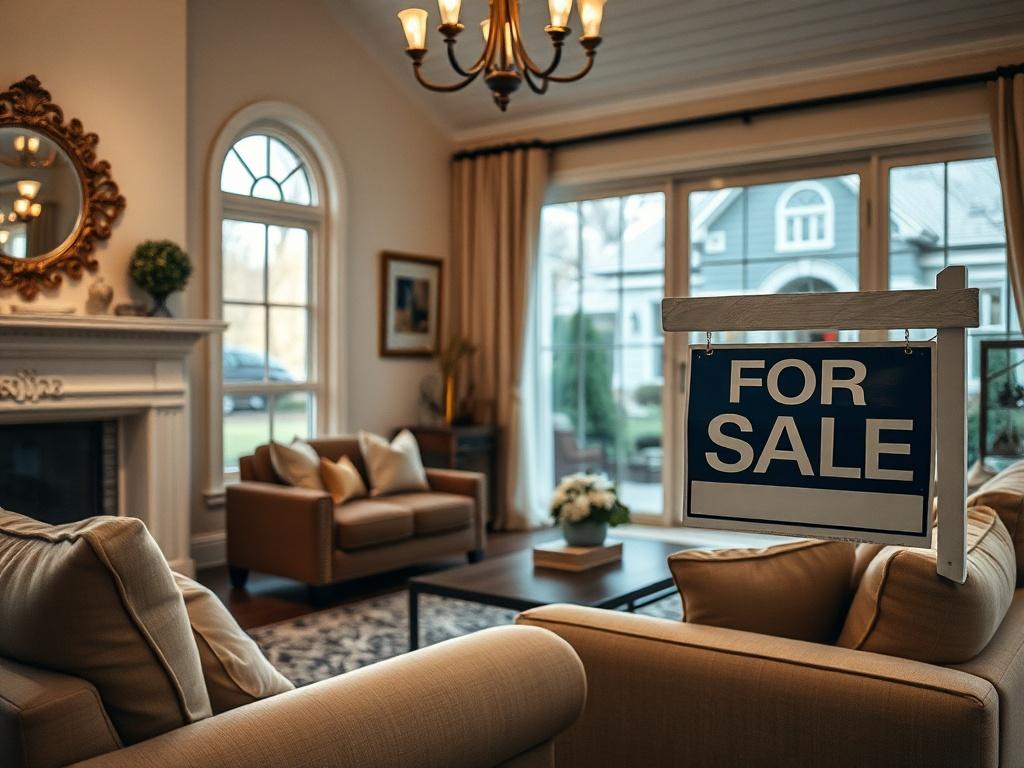 A close-up shot of a beautifully staged living room, highlighting elegant decor and inviting ambiance. The background focuses on a 'For Sale' sign outside a well-maintained home, emphasizing the selling aspect.